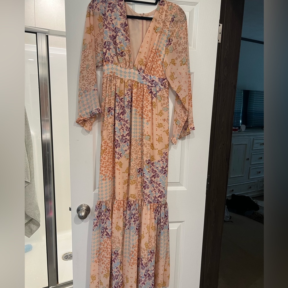 Wayf Blush Pink/Salmon Maxi Dress w/ Blue and Purple Accents